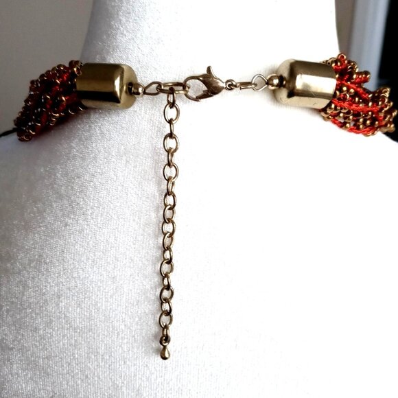 Multi Strand Crocheted Bead Necklace Boho Twisted Gold tone Metal Red 24" - Picture 4 of 5